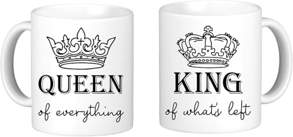 His & Hers Royal Mugs – “Queen of Everything” & “King of What’s Left” Set